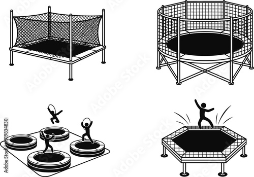 Trampoline Park and Jumping Equipment Black and White Icon Set with Safety Nets, Indoor Play Structures, and Recreation Activity Designs