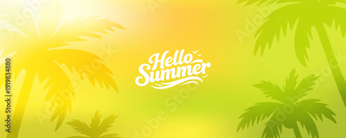 Summer time background with palm trees, Beach umbrella with chairs on the sand. summer sky Bokeh light of sky and sea.Tropical leaves .Summer greeting clipart poster set with tropical palm leaves.
