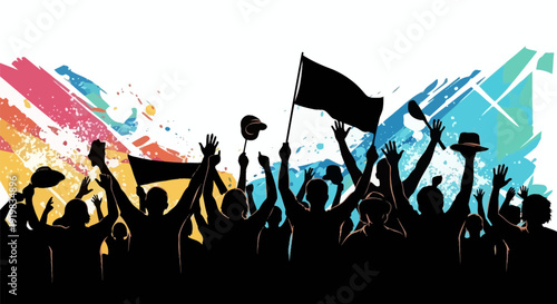 Crowd celebrating with raised hands and flags in colorful background