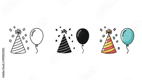 Set of three icons representing birthday party elements a striped party hat and a balloon, shown in outline, solid black, and color styles with confetti scattered around