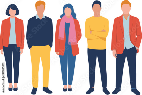 Diverse group of young adults standing together, flat vector illustration of modern men and women isolated on neutral background
