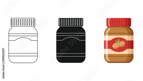 Set of three peanut butter jars icons outline, silhouette and color illustration