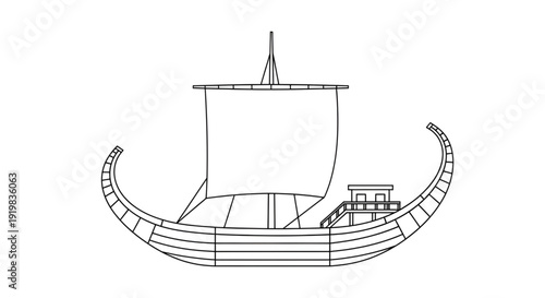 Minimalist outline illustration of ancient sailboat with single mast