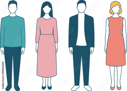 Diverse men and women standing in formal attire, flat vector illustration of modern people isolated on neutral 