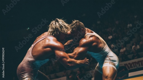 Two muscular wrestlers competing in Greco Roman wrestling match during a professional sports arena championship with athletic power for editorial marketing content