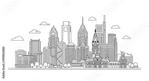 Philadelphia skyline vector line art. Detailed cityscape drawing with minimal thin lines, downtown architecture, city buildings and iconic landmarks isolated on white background.