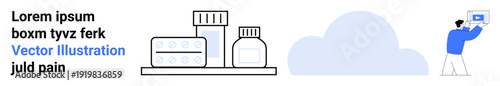 Assorted medical containers, blister pack, and a man on tablet device with cloud backdrop. Ideal for healthcare, pharmacy, technology, remote consultancy, wellness, medication simple landing page