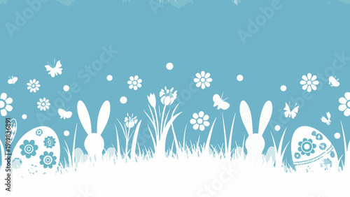 Easter bunny silhouettes in spring garden with flowers and eggs