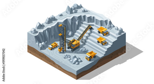 Isometric Mining Operation with Heavy Machinery and Excavation Site.