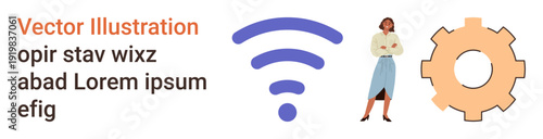 Technology, teamwork, innovation, wireless communication, business strategy, problem-solving. Purple wireless signal, businesswoman and orange gear shape. Technology and teamwork concept