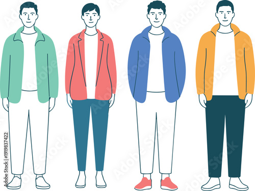 Flat line vector illustration of stylish young men wearing colorful jackets isolated on light background modern casual fashion