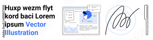 Data analysis, digital platforms, business tools, handwriting automation, document signing, information visualization. A dashboard with charts, a handwritten signature and a pen. Data analysis