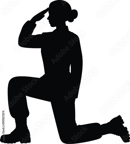 Female soldier kneeling silhouette saluting in military uniform, black and white illustration symbolizing respect, service, patriotism, army tribute concept for design, poster, and branding