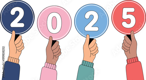 Hands holding 2025 number signs, colorful New Year celebration concept flat vector illustration isolated background