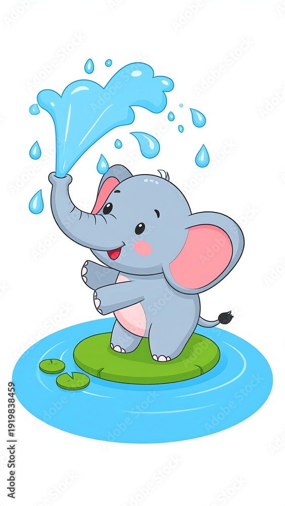Obraz premium A cartoon elephant plays with water on a small green patch