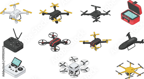 Drone and Quadcopter Icon Set with Remote Controllers, Camera UAVs, Flying Robots, and Aerial Technology Equipment Vector Illustrations