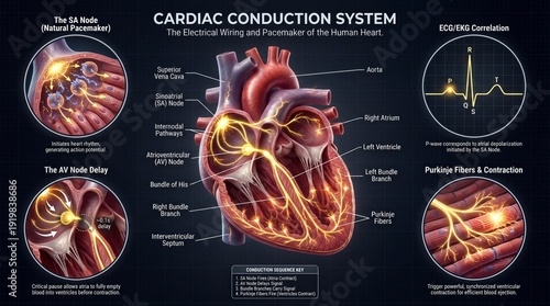 Detailed Illustration of the Cardiac Conduction System and Heart Electrical Activity Mechanism