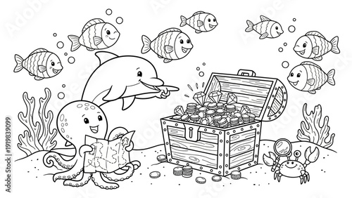 Dolphin and Octopus with Treasure Chest.