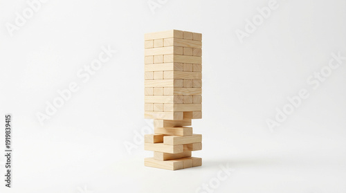 Wooden Jenga tower with missing blocks on a white background, unstable structure, minimalist business risk and strategy concept photography.