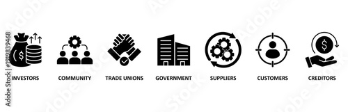 Stakeholder icon set illustration contain investors, community, trade unions, government, suppliers, customers and creditors.