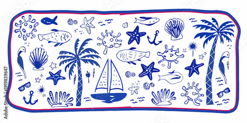 Nautical themed illustration featuring sea life plants and coastal elements