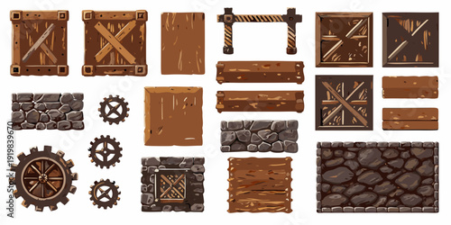 Assorted pixel art game assets including crates gears and stone blocks