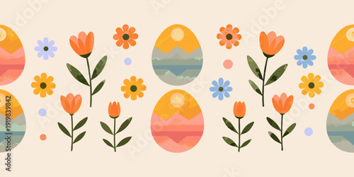 A colorful pattern of easter eggs tulips and wildflowers