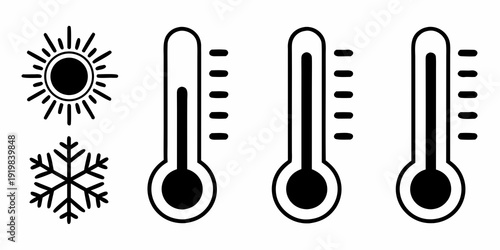 Weather icons depicting sun thermometers and a snowflake in black