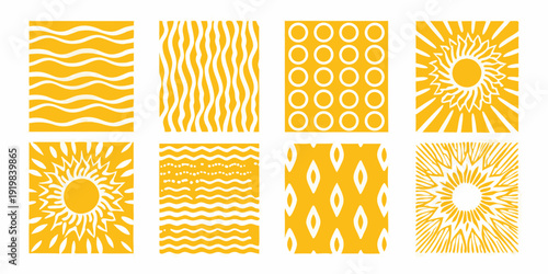 Eight yellow geometric patterns arranged in a square grid formation