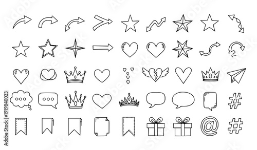 Cute sketch doodle symbol mega pack arrows hearts crowns isolated