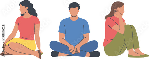 Sad young people sitting alone, flat vector illustration of depression and loneliness concept isolated on neutral background