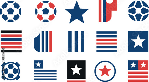Soccer themed graphic elements set with football balls, stars, and patriotic stripes in red blue colors illustrated in bold flat vector style