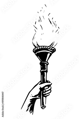 Hand holding torch with flame burning brightly upwards