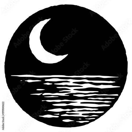 Serene nighttime ocean scene with crescent moon shining bright