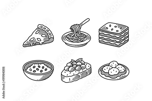 Italian food dishes engraving illustration icon set for culinary. Mediterranean cuisine meals elements for restaurant, cafes. Pizza slice, spaghetti, lasagna, risotto, bruschetta, meatballs