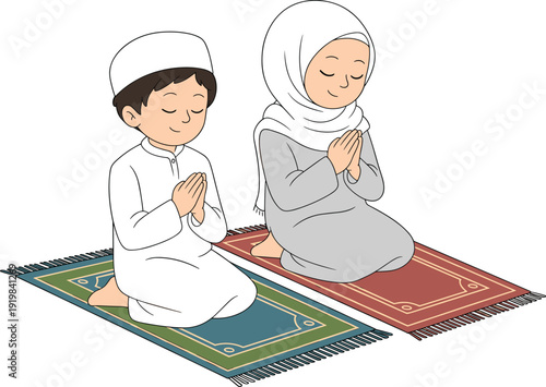 Muslim mother and son praying together, Islamic family performing salah on prayer mats isolated on white background for religious, Ramadan and faith illustration