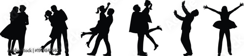 Romantic couple silhouettes collection, loving man and woman hugging, lifting and celebrating isolated on white background for wedding, Valentine and relationship design projects