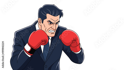 Determined businessman wearing red boxing gloves stays in a defensive stance ready to fight for his corporate goals and success.