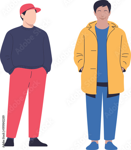 Two young men standing casually, modern flat vector illustration of male characters isolated on neutral background for fashion concept