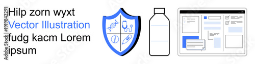 Healthcare, security, online records, data privacy, medicine, web design. Blue shield with medical icons, medication bottle digital interface. Healthcare and security thematic