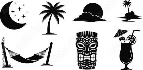 Tropical night scene with crescent moon palm tree and hammock silhouette