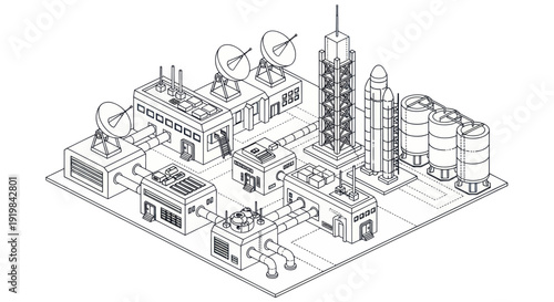 Foto Isometric Space Station with Rockets and Satellite Dishes.