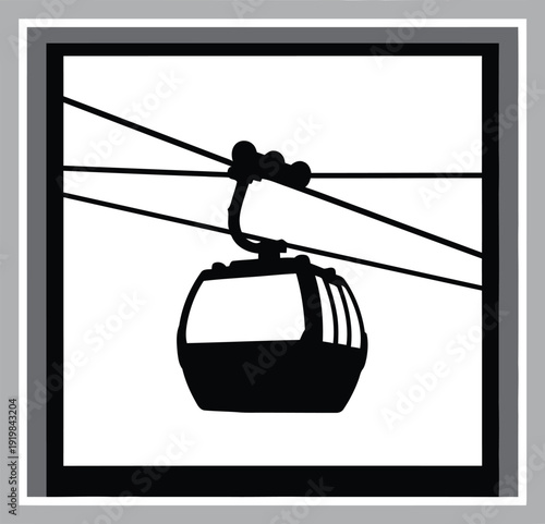 Cable car suspended by wires against a stark white background silhouette