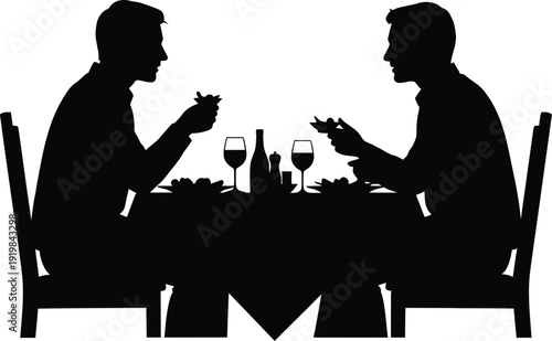 A couple dining at a table with wine depicted as a silhouette