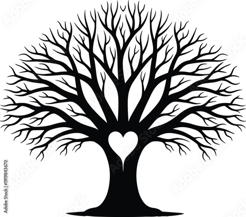 Bare tree with heart shape trunk silhouette vector illustration romantic nature symbol isolated black design