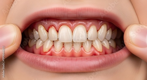 Close up of a mouth with healthy teeth and gums