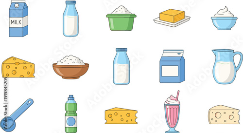Dairy Products Collection Milk Cheese Butter and Yogurt Food Vector Set