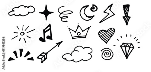 Sketch underline  emphasis  arrow shape set. Hand drawn brush stroke  highlight  speech bubble  underline  sparkle element. Vector illustration