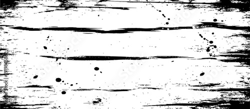 Black and white grunge texture with distressed horizontal brush strokes and paint splatters abstract background