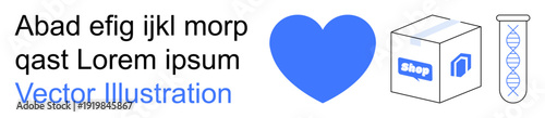 Healthcare, e-commerce, logistics, technology, genetics, branding. Features blue heart, DNA helix and box with text elements. Healthcare and e-commerce clearly